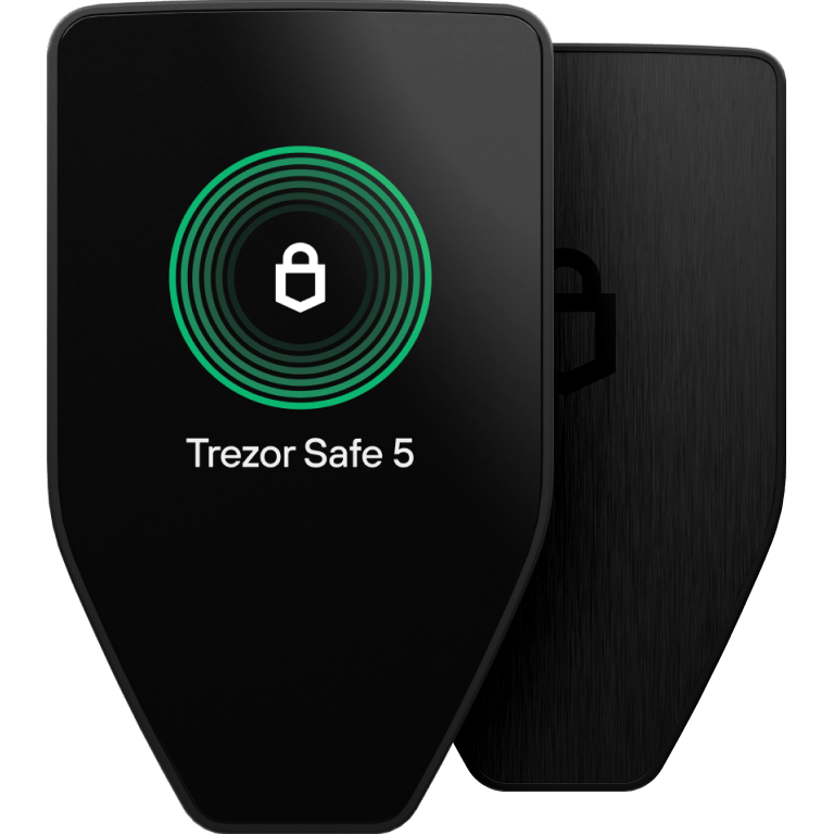 Front and back of the black Trezor Safe 5 hardware wallet